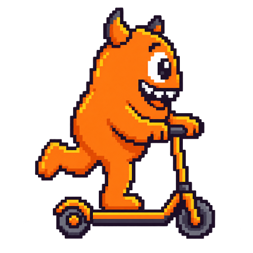 Orange MonsterOps monster riding a scooter